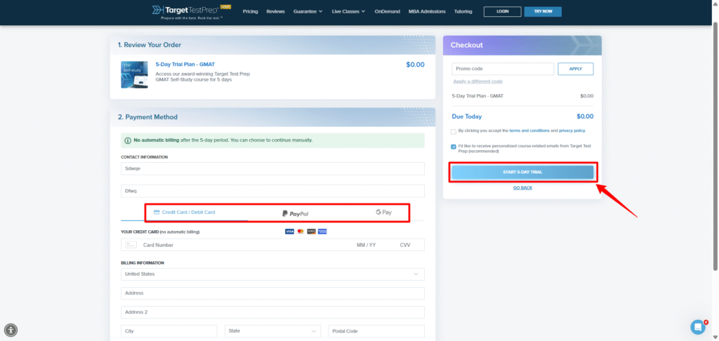 Traget Test Prep Checkout page